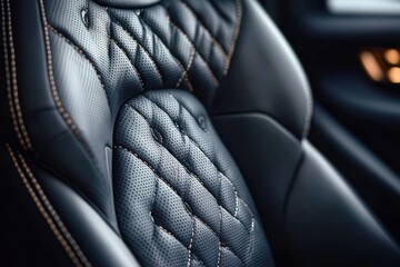 Fototapeta premium Close-up of black perforated quilted leather car seat with tan contrast stitching and bolstered contours conveying luxurious comfort and refined craftsmanship