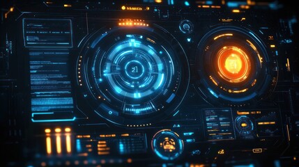 Fototapeta premium futuristic holographic control panel with glowing blue and orange circular data displays, scrolling data panels and neon digital readouts conveying focused high tech intensity
