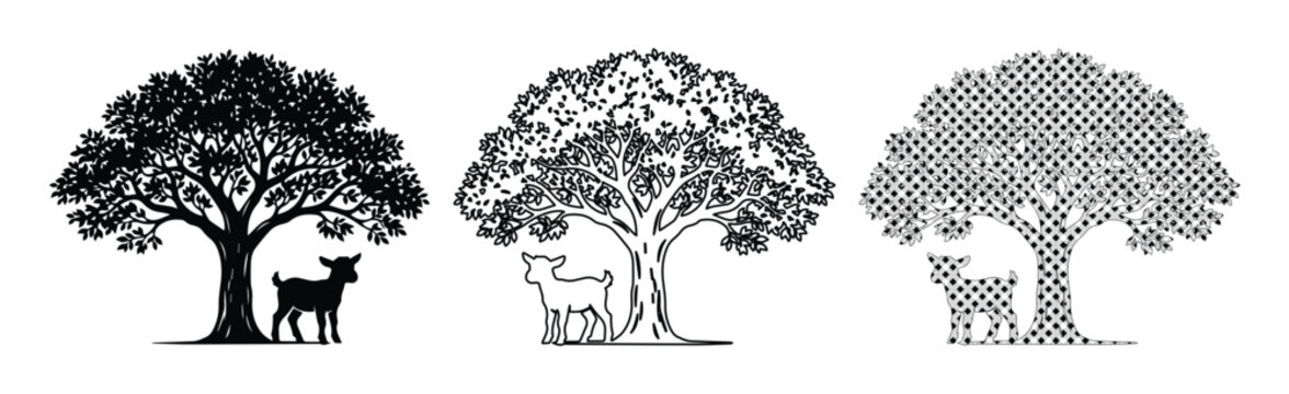 Vintage oak tree and goat silhouette set, rustic farm animal and tree vector collection, black and white nature icons for logo design