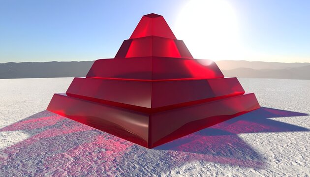 Minimalist 3D render of a layered red transparent glass pyramid structure in desert under bright sun