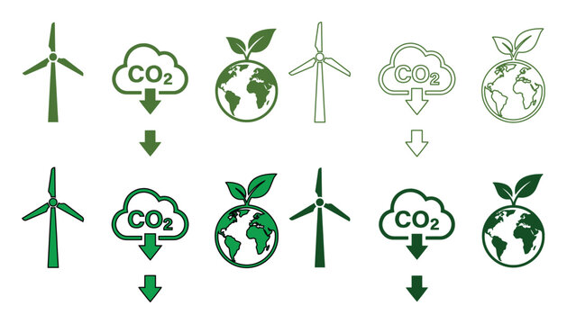 エコフレンドリーな風力発電とCO2削減、地球環境保護を象徴するベクターアイコンセット。持続可能なエネルギー、気候変動対策、環境問題解決への取り組みを表現するグリーンなデザイン素材。