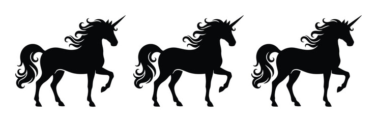 Black unicorn silhouette set, mythical horse vector icons with flowing mane and horn, elegant fantasy animal collection for logo design and branding © Asma
