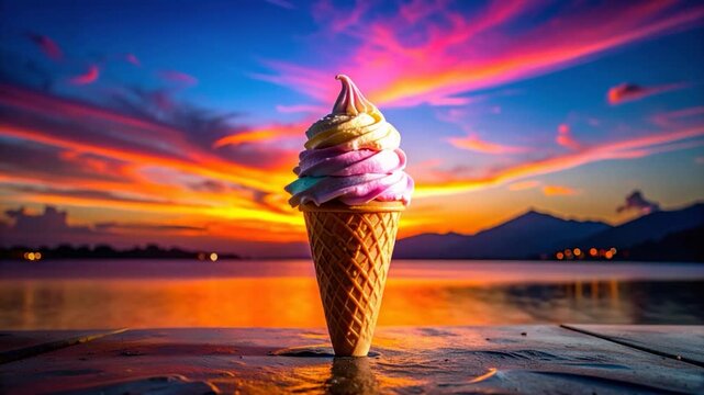 A colorful ice cream cone atop a wooden surface with a stunning sunset backdrop