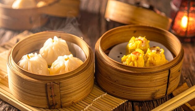 Steaming bamboo baskets filled with plump translucent har gow and savory siu mai dim sum
