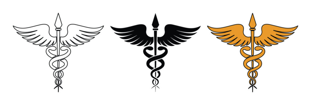 Medical caduceus symbol vector set, professional healthcare emblem with snakes and wings, black and gold pharmacy icons for hospital branding