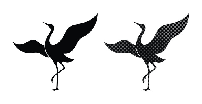 Minimalist crane bird silhouette vector, elegant heron standing with open wings, black stork icon set for logo design and nature branding