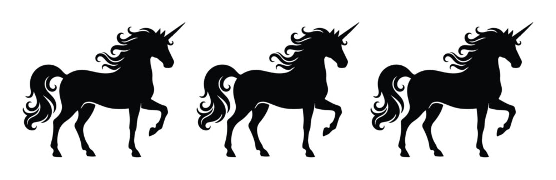 Black unicorn silhouette set, mythical horse vector icons with flowing mane and horn, elegant fantasy animal collection for logo design and branding