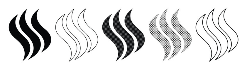 Minimalist steam icon set, black and grey aroma vapor symbols, 5 vector heat smoke elements for coffee and food branding © Asma
