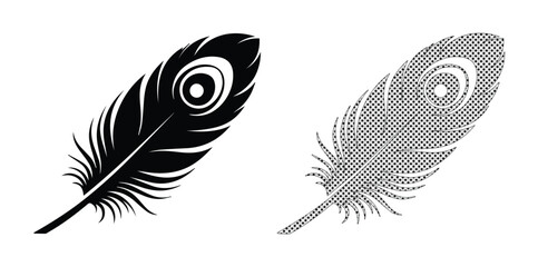 Peacock feather vector icons, black silhouette and halftone dot pattern plumes, elegant bird plumage illustrations for luxury branding and logo design © Asma