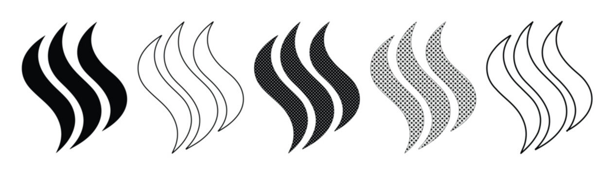 Minimalist steam icon set, black and grey aroma vapor symbols, 5 vector heat smoke elements for coffee and food branding