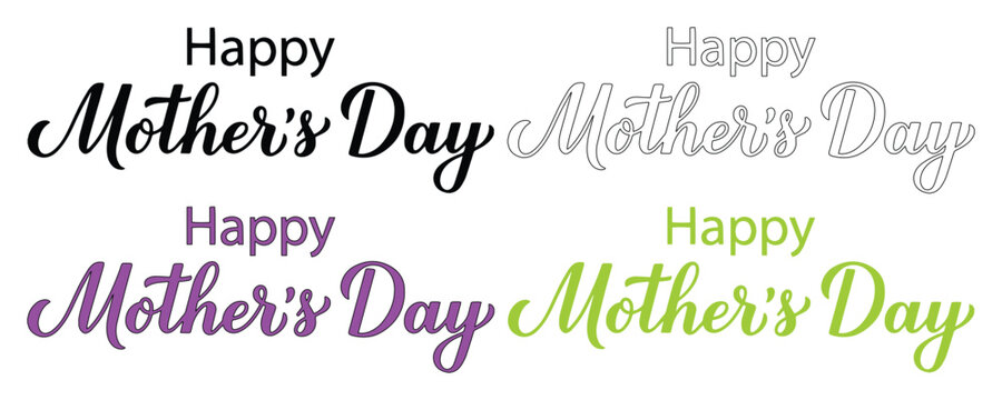 手書き風の「Happy Mother's Day」レタリング、母の日のメッセージに最適な筆記体テキスト、グリーティングカードやソーシャルメディア投稿に使えるベクター素材、4色のバリエーションセット