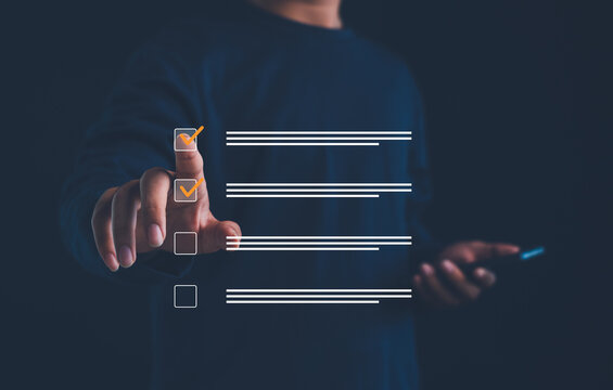 Business using smartphone selecting digital checklist interface, task management, online survey form, quality control, workflow automation, productivity tracking, modern business technology concept.