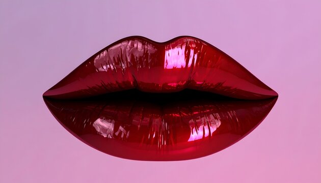 A close-up view of full metallic red lips with a glossy shine resting softly on a pastel pink background