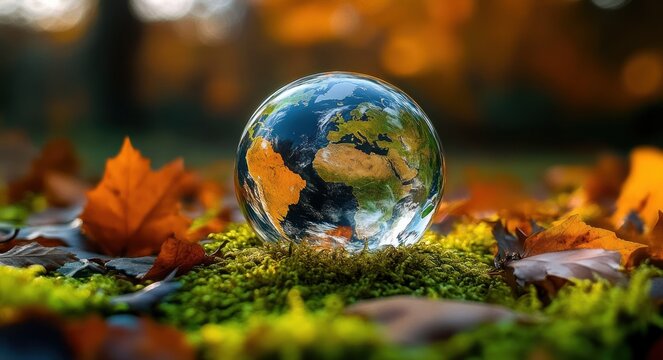 Glass globe showing the Earth resting on green moss among fallen autumn leaves with warm bokeh background, evoking peaceful wonder and connection to nature