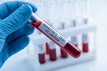 Naklejka premium Laboratory worker holding blood sample tube labeled hepatitis c test in clinic