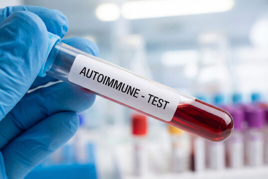 Laboratory technician holding blood sample tube labeled autoimmune test in clinic