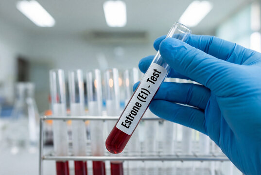 Scientist holding blood sample tube labeled estrone e1 test in medical laboratory