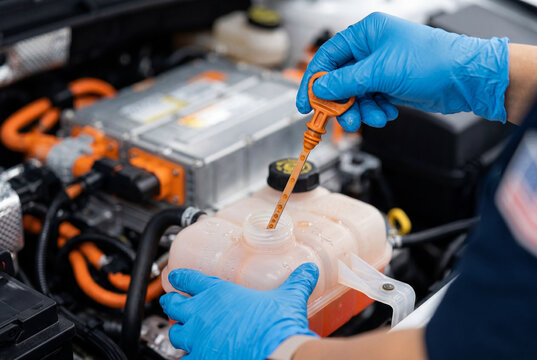 Hands in blue gloves pulling an orange dipstick to check fluid levels in a car engine