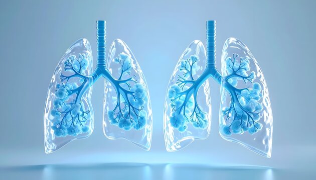 A pair of glassy blue lungs glowing softly like delicate tree branches in a calm medical illustration