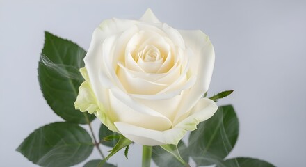Naklejka premium White Rose with Green Leaves and Subtle Mist Front View Minimal Studio Style