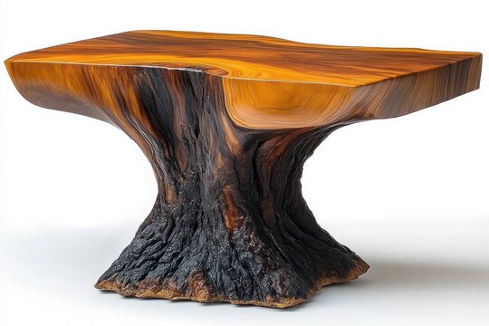 Polished live-edge wooden table with gnarled charred tree-trunk pedestal, warm golden-brown grain and organic rustic elegance