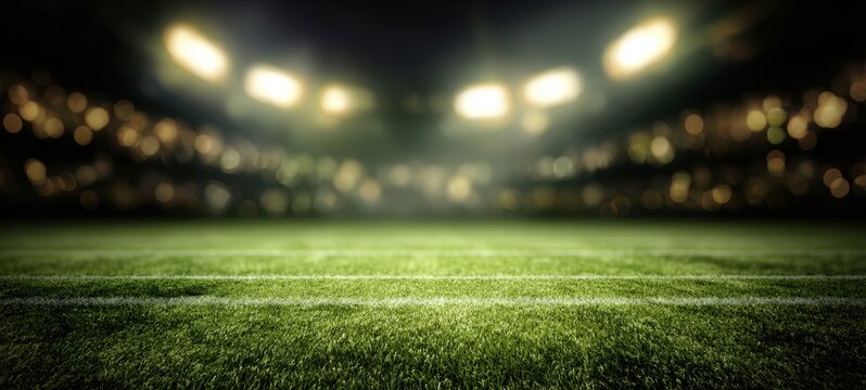 The Football Field Under Bright Floodlights With Empty Stands and Bokeh Crowd