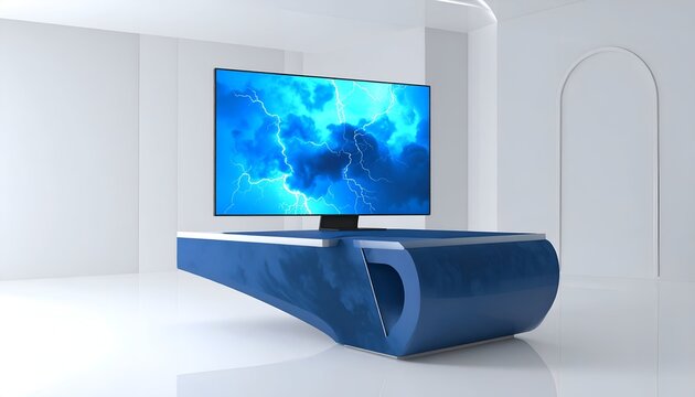A modern widescreen monitor displaying peaceful blue water fluid dynamics inside a minimalist sunlit room
