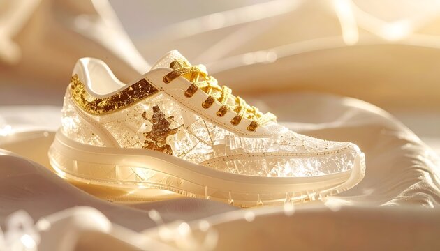 Luxury sports sneaker shoe covered in sparkling gold glitter and diamonds resting on white silk fabric