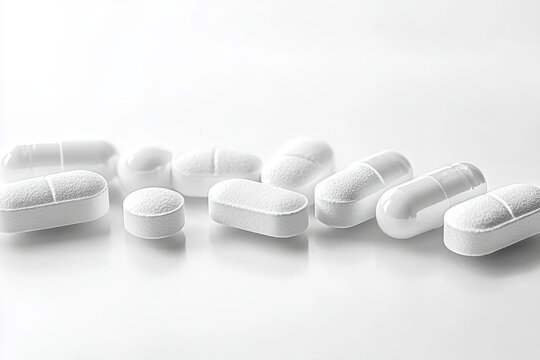 white tablets, oblong pills and a clear capsule scattered on a clean white surface, minimal clinical composition conveying calm sterile reassurance