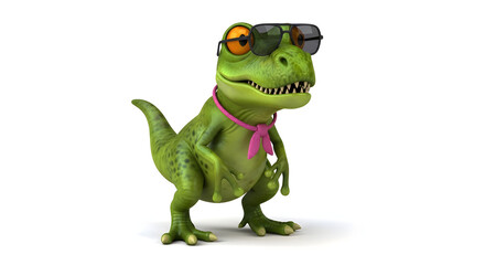 Fototapeta premium Cool green dinosaur wearing sunglasses and a scarf, a fun and playful cartoon character