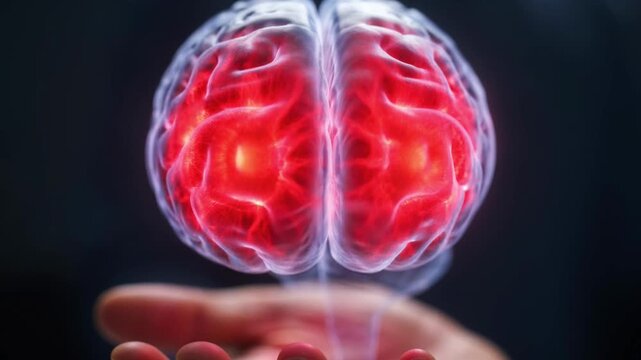 A vibrant red glowing human brain floats above an open hand in a dark, conceptual digital illustration.