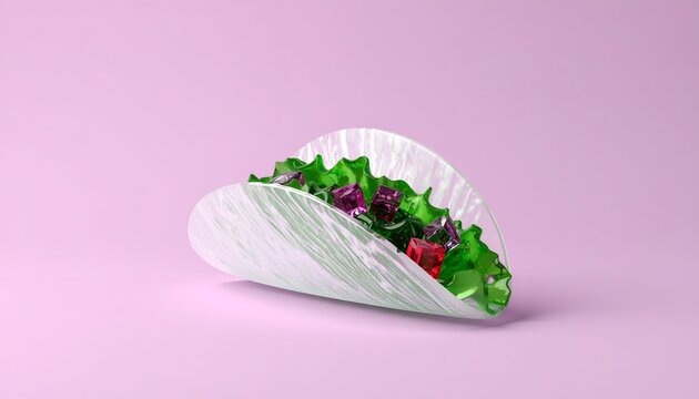Artistic 3D illustration of a white taco shell filled with fresh green lettuce on soft pink background