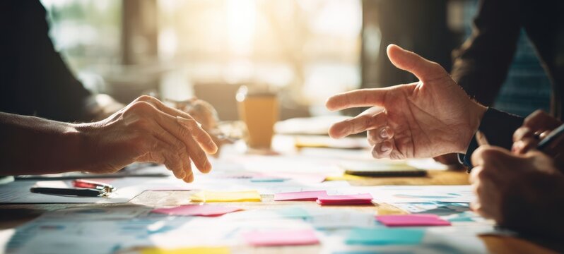 The Team Brainstorming Session with Sticky Notes and Hands Over Collaborative Workspace