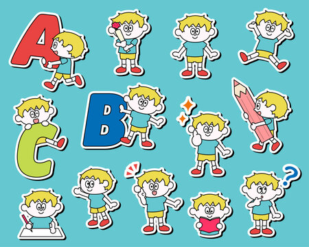 かわいい男の子のイラストセット_英語_フチあり（ベクター）