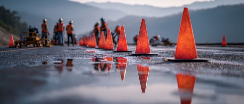 The Traffic Cones Lined on a Wet Mountain Road During Evening Roadwork