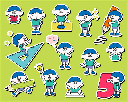 かわいい男の子のイラストセット_算数_フチあり（ベクター）