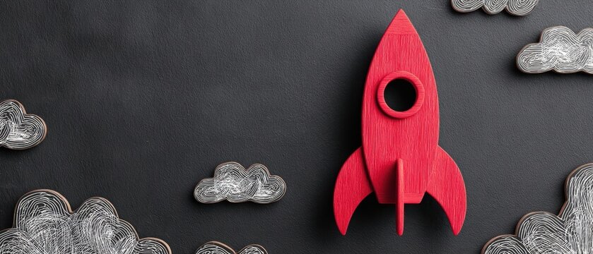 The red rocket model surrounded by paper clouds on dark textured background