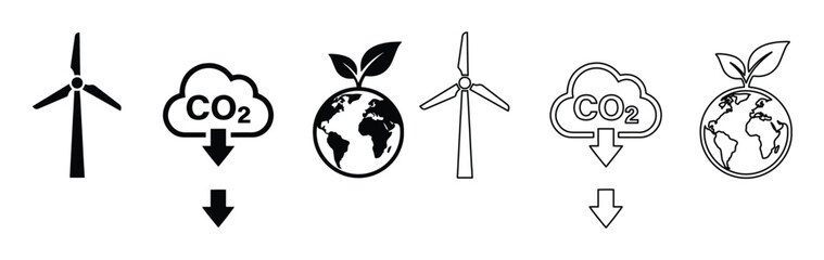 環境保護と持続可能性を象徴する風力発電、CO2削減、地球と植物のアイコンセット。クリーンエネルギー、エコフレンドリーな取り組み、気候変動対策を表現するベクターイラスト。