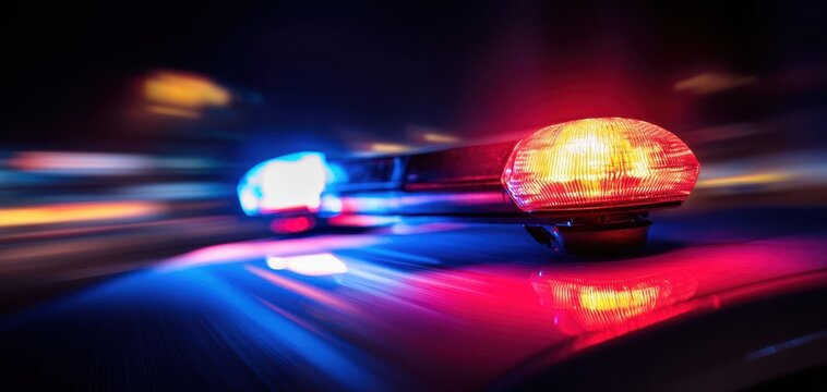 The Police Car Siren Lights Racing Through Urban Night Streets