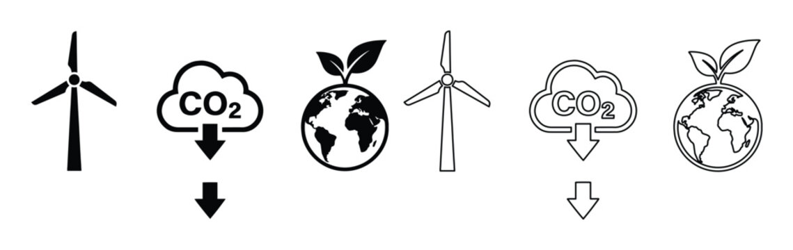 環境保護と持続可能性を象徴する風力発電、CO2削減、地球と植物のアイコンセット。クリーンエネルギー、エコフレンドリーな取り組み、気候変動対策を表現するベクターイラスト。