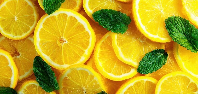 The Lemon Slices and Mint Leaves Arranged in a Vibrant Fresh Citrus Background