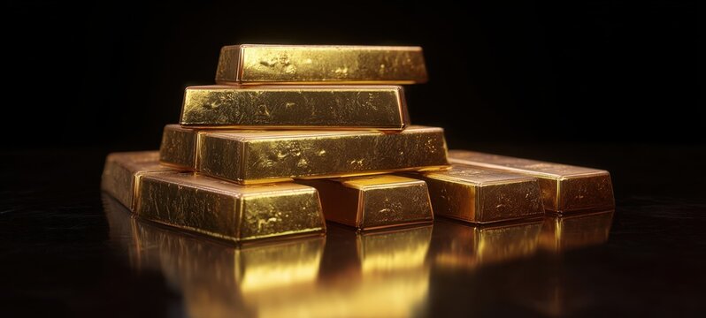 The Gold Bars Stacked on a Reflective Surface with Dramatic Low Key Lighting
