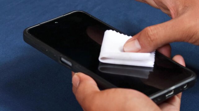 Close-up cropped shot of Asian man hand diligently disinfecting smartphone screen with microfiber cloth, preventing virus transmission and maintaining personal device hygiene.