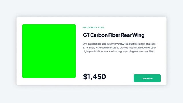 Automotive Performance Parts Product Page for Carbon Fiber Rear Wing with Green Screen Mockup