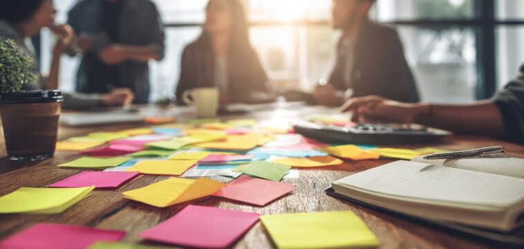 The Sticky Notes Covered Table During Creative Team Brainstorming and Collaborative Planning Session