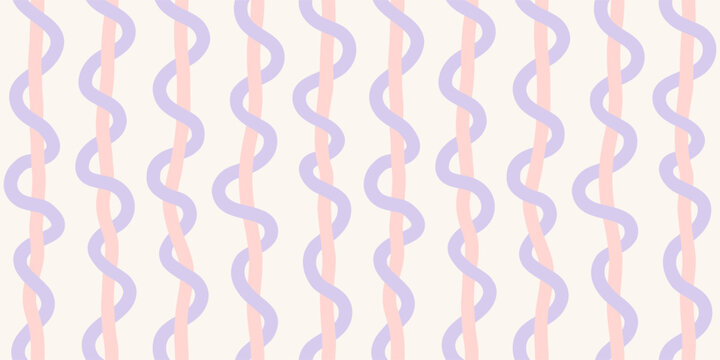 Pastel Wavy Vertical Stripes Seamless Pattern. Vector Hand Drawn Curved Lines in Lavender and Pink Color on Cream Background for Nursery, Gift Wrap, Fabric, Wallpaper.