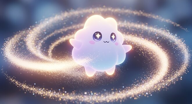 A cute, cartoon-style character with sparkling eyes and a soft, glowing body floats within a swirling, golden galaxy effect
