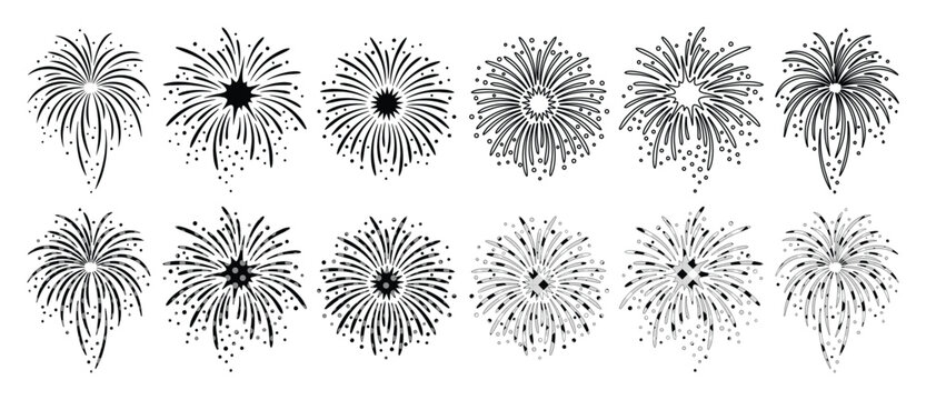 花火のベクターイラストセット、お祝いやイベントを彩る多様な線画デザイン。祭り、記念日、新年を祝うための黒と白の爆発的な光の表現。