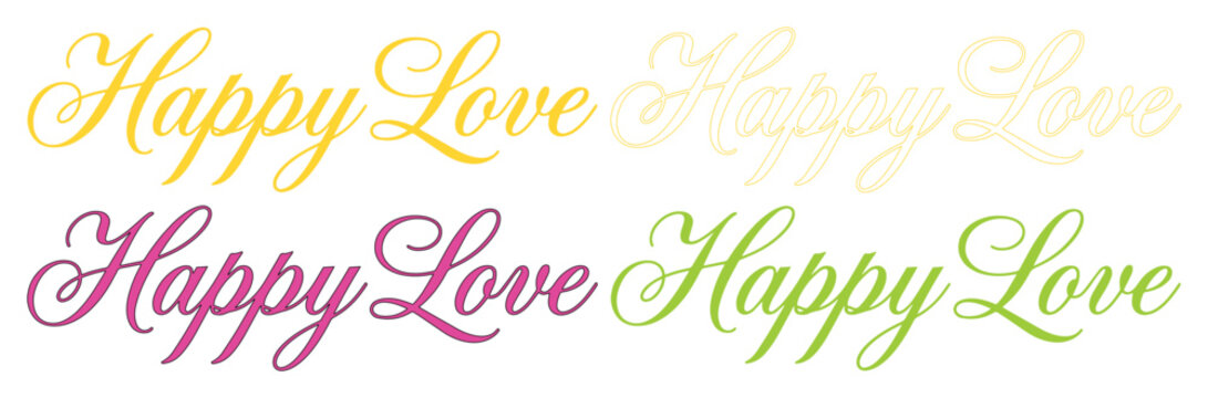 手書き風「Happy Love」文字デザイン、カラフルな筆記体テキストセット、結婚式やバレンタインデーに最適なロマンチックなベクター素材、グリーティングカードや招待状の装飾に。