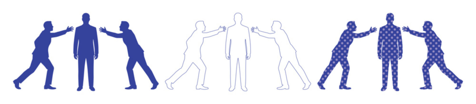 ビジネスにおけるチームワークと協力の概念、人々が互いに押し合う様子を描いたシンプルなベクターイラスト、目標達成のための協調性、ビジネス戦略と人間関係のメタファー